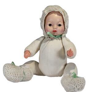 Vintage 13" Composition Baby Doll with Cloth Body and Sleep Eyes Bonnet Booties